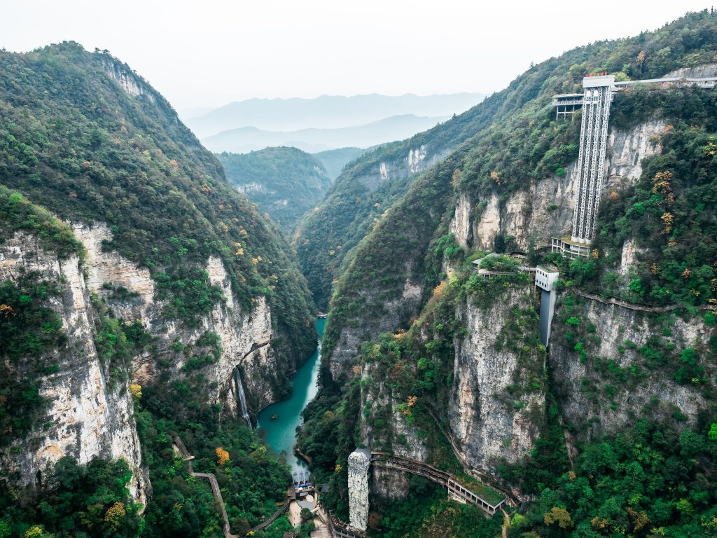 The Bailong glass elevator running up the cliff face above the valley at Zhangjiajie, Hunan