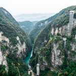 The Bailong glass elevator running up the cliff face above the valley at Zhangjiajie, Hunan