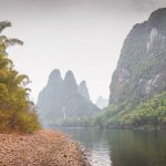 Bamboo overhanging the Li River with karst peaks in the mist beyond
