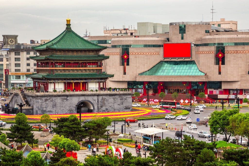 The Bell Tower in central Xi'an, seen from its city-square roundabout.