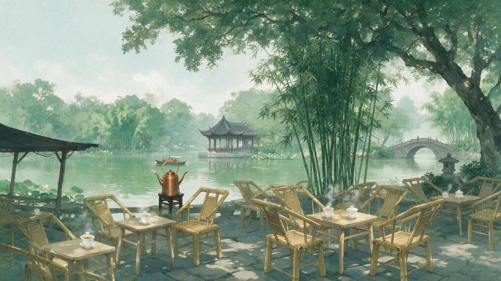 Illustration of bamboo chairs and tea tables under trees in a Chengdu park