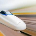 The nose of a Chinese high-speed train at speed