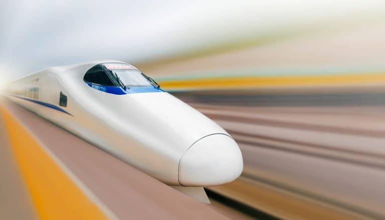 The nose of a Chinese high-speed train at speed