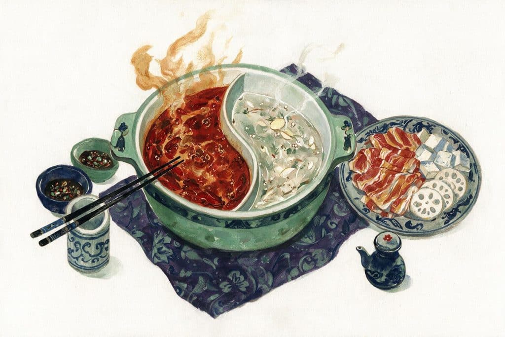 Illustration of a Chongqing-style spicy mala hotpot in a divided yuanyang pot, painted, not a photograph