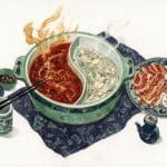 Illustration of a Chongqing-style spicy mala hotpot in a divided yuanyang pot, painted, not a photograph