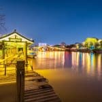 Gongchen Bridge arching over the Grand Canal in Hangzhou at dusk
