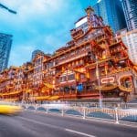 Hongyadong stilt-building complex illuminated at night in Chongqing, China