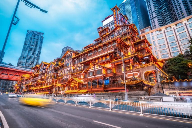Hongyadong stilt-building complex illuminated at night in Chongqing, China