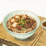 Painted illustration of a bowl of Guilin rice noodles with crisp pork belly, braised beef, fried soybeans and a side dish of pickles