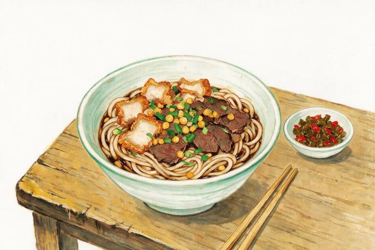 Painted illustration of a bowl of Guilin rice noodles with crisp pork belly, braised beef, fried soybeans and a side dish of pickles