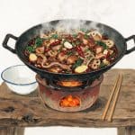 Painted illustration of a Tujia sanxiaguo hot pot on a clay brazier, with pork, lotus root and dried chillies