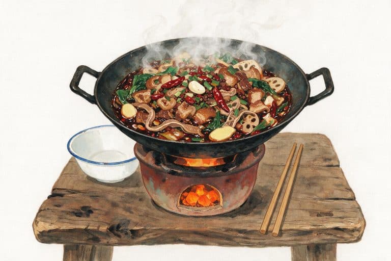 Painted illustration of a Tujia sanxiaguo hot pot on a clay brazier, with pork, lotus root and dried chillies