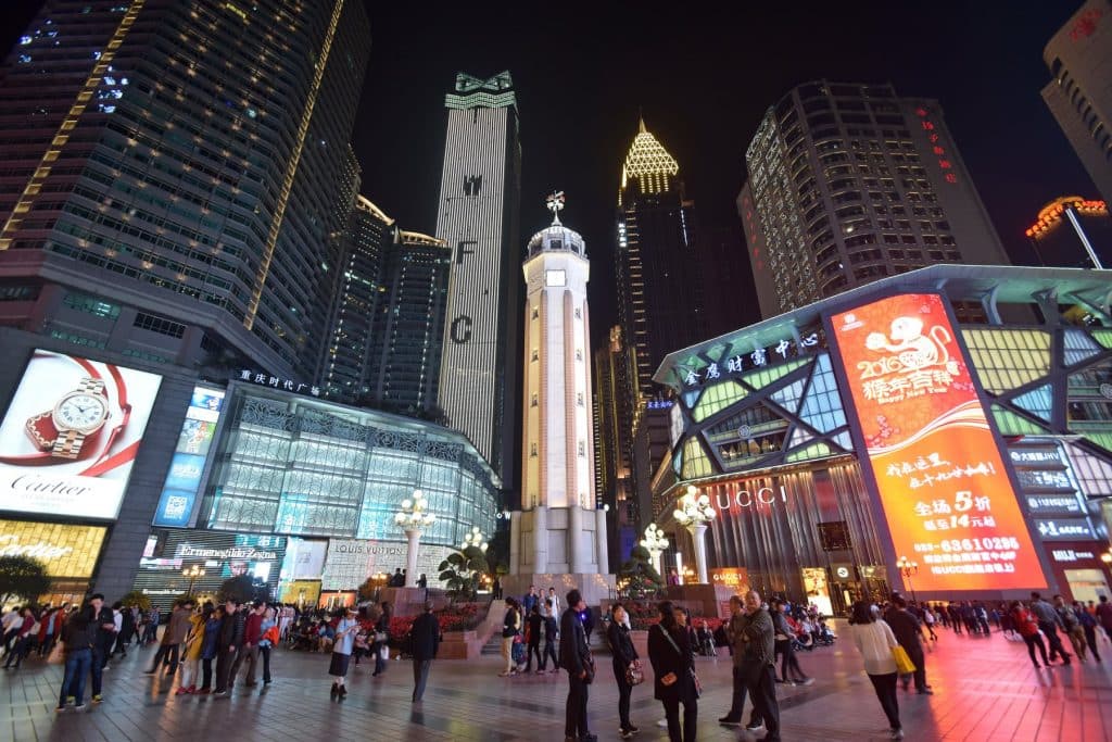 Jiefangbei, the People's Liberation Monument, lit up at night in central Chongqing