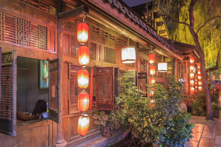 Lantern-lit shopfront on a traditional street in old Chengdu