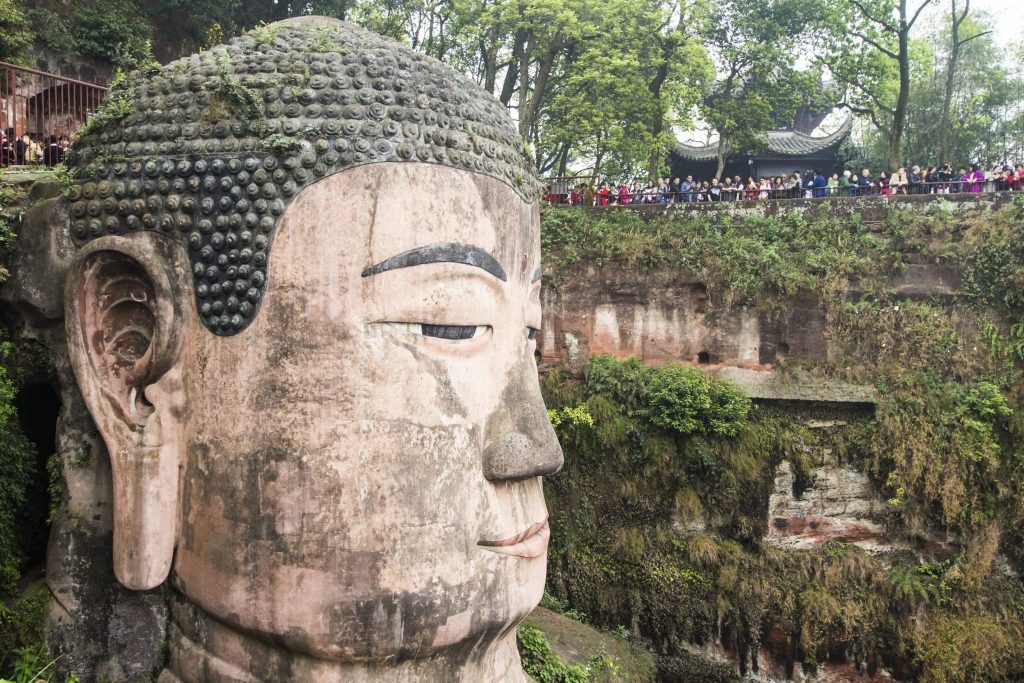The Leshan Giant Buddha carved into the cliff, seen from the viewpoint