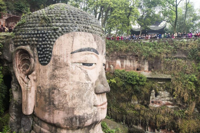The Leshan Giant Buddha carved into the cliff, seen from the viewpoint