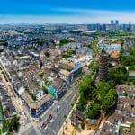 Aerial view of North Temple Pagoda rising above the old town rooftops of Suzhou