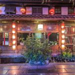 Red lanterns and timber facades in the old town quarter of Chengdu at night