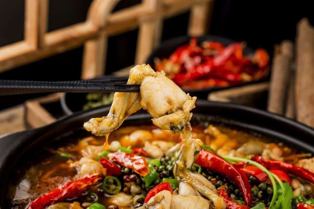 A Sichuan speciality served in a pot of dried chillies and Sichuan peppercorns