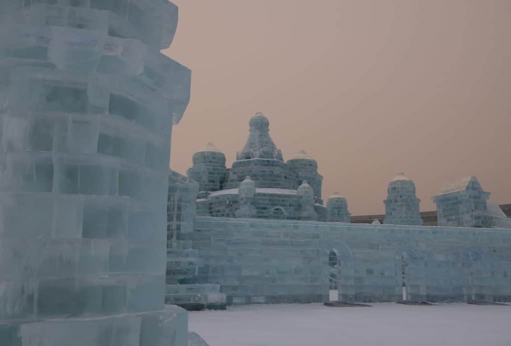 Close-up of an ice building at sunset in Harbin, Heilongjiang, China
