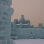 Close-up of an ice building at sunset in Harbin, Heilongjiang, China